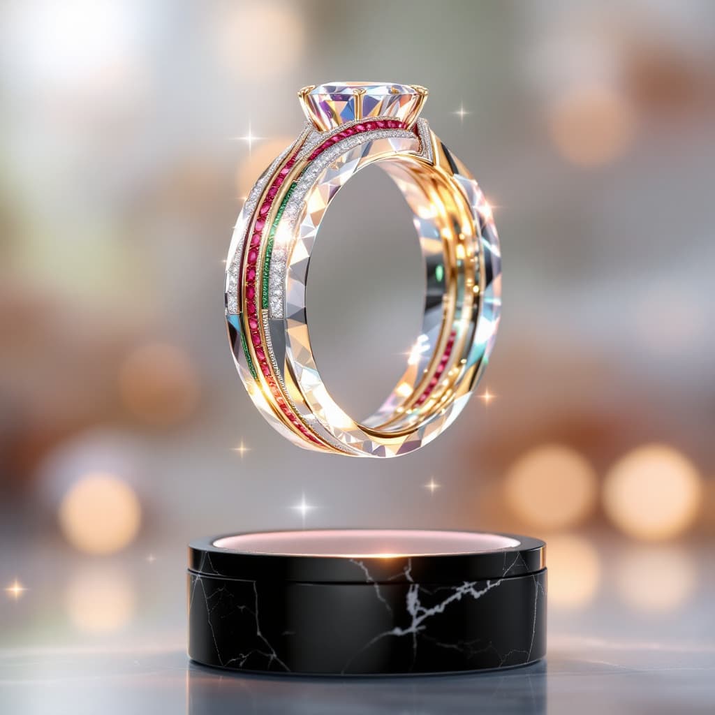 AI generated:  breathtaking, feminine wedding ring floats upright, suspended in the air as if held by unseen force...