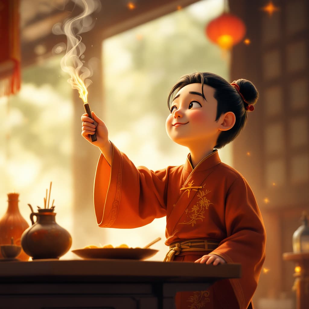 AI generated: A Japanese rendering animation depicts a young Chinese Taoist priest, holding a stick of incense in ...