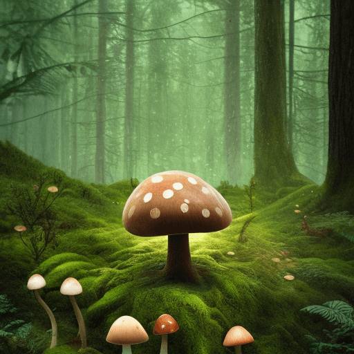 AI generated: a picture of a forest and mushroom, green, small mushrooms and a beautiful forest background, Firefl...