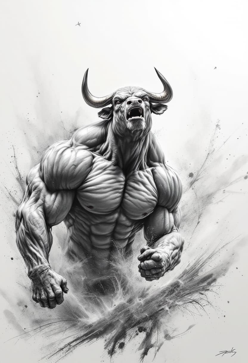 AI generated: AI-generated artwork Realistic detail, crisp, full body. Roaring bull. Bodybuilder build. Show off y...