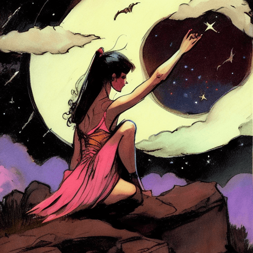 AI generated: girl in light clothing, frazetta-style, against the night sky, night, portrait, satisfaction, enjoym...