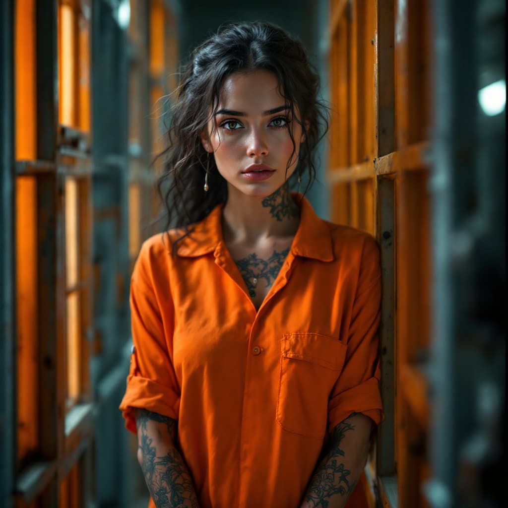 AI generated: female prisoner, prison, orange suit, cell, tattoo, (tattoos), (full body visible), looking at viewe...