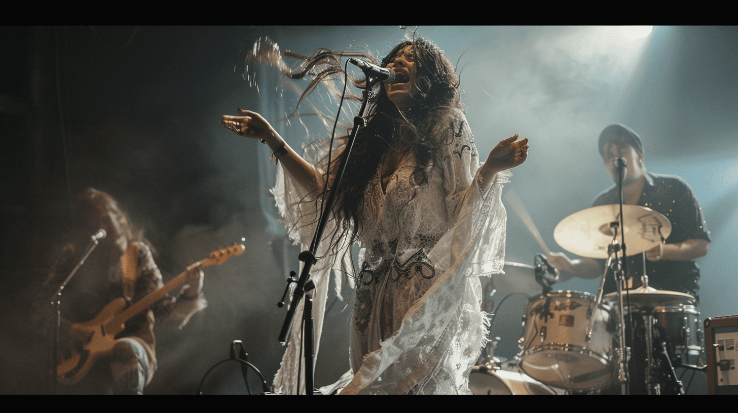 AI generated: a gypsy woman on a concert stage singing with a long flowing white lace dress, long messy wavy dark ...