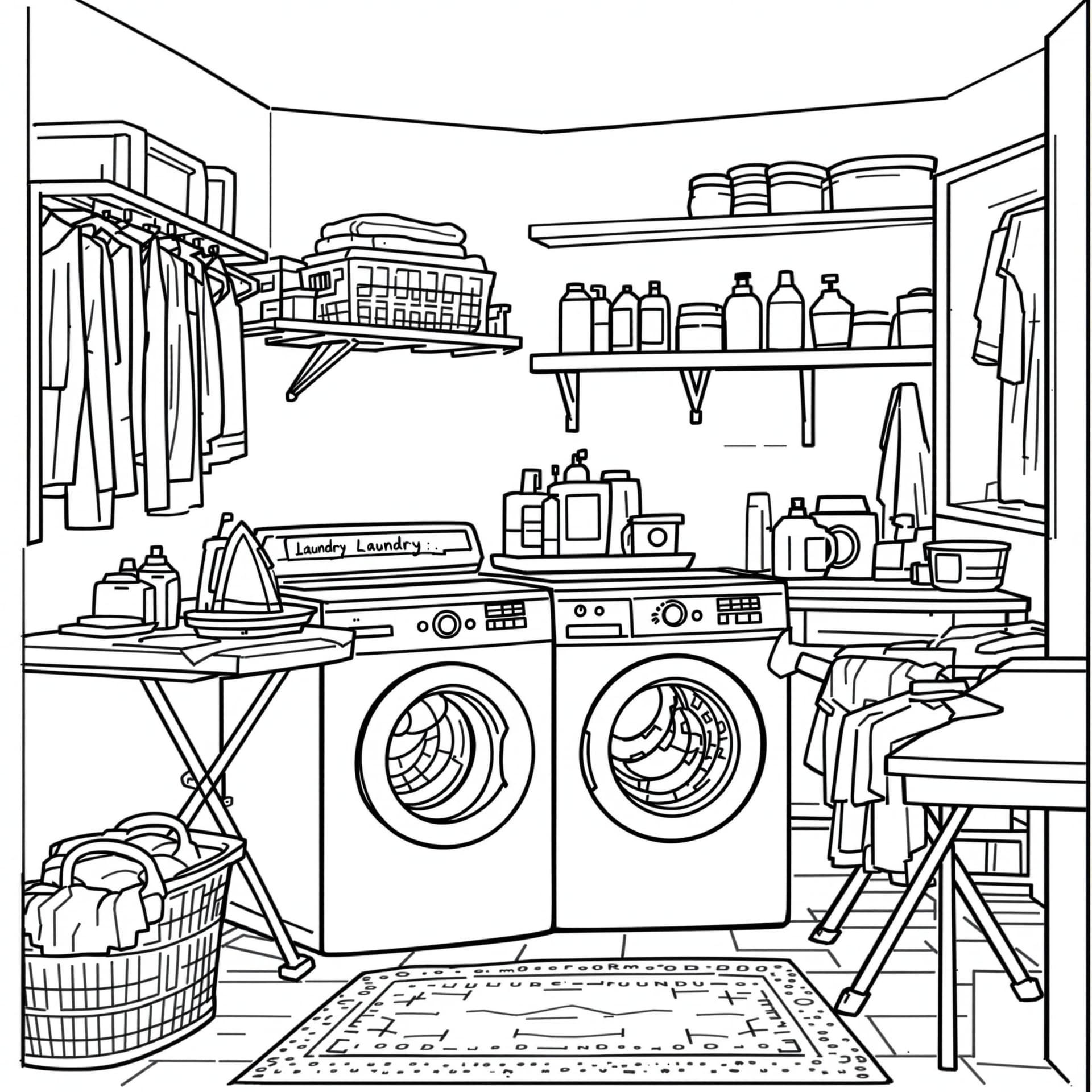 AI generated: High-resolution black-and-white line drawing of a laundry room: Include detailed elements such as a ...