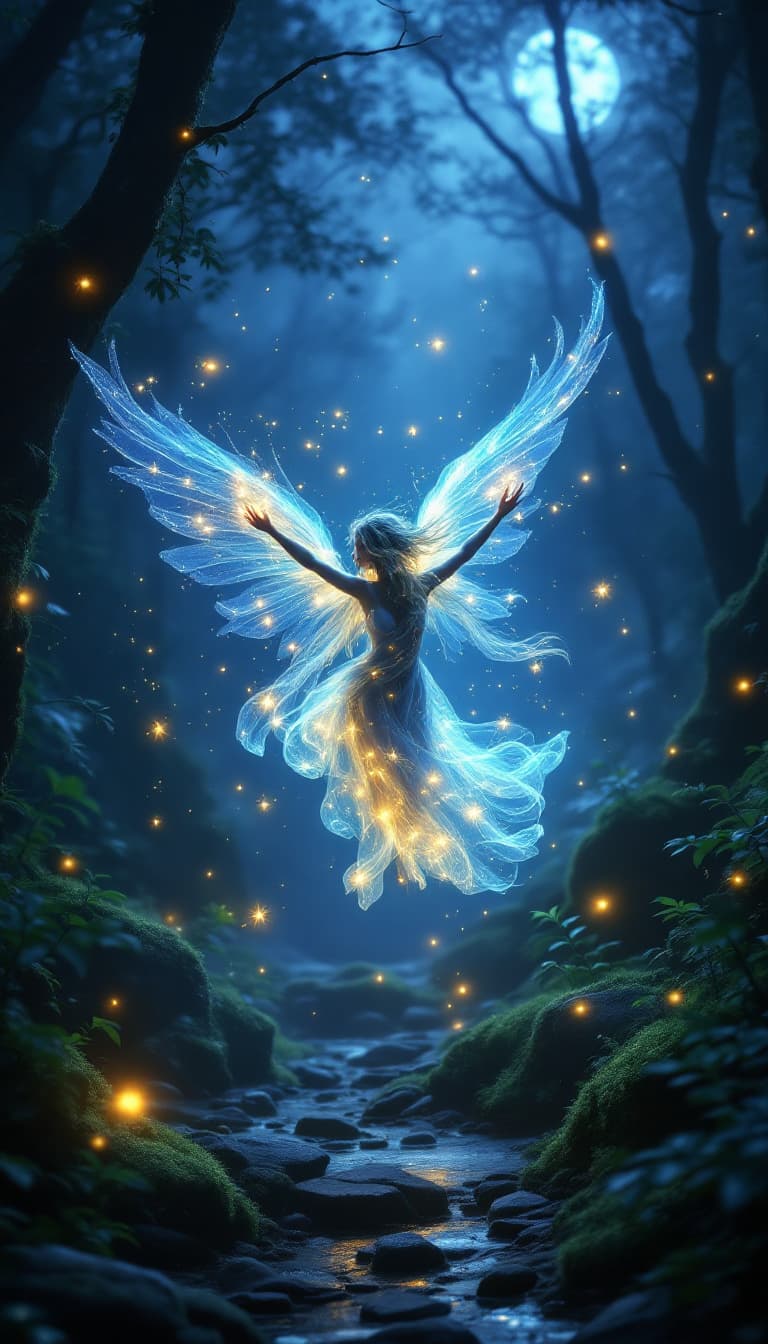 AI generated: (((create ultra beautiful diminutive moonbeam woman sprite))), floating through a misty forest illum...