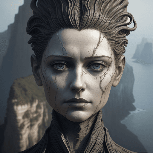 AI generated: art statue in cliffs, in the style of realistic hyper-detailed portraits, cryengine, detailed facial...