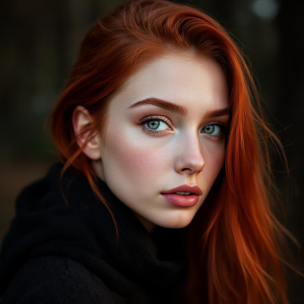 AI generated: photo realistic portrait of young woman, red hair, pale, realistic eyes, centered in frame, facing c...