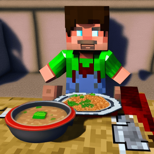 AI generated: steve from minecraft enjoying a tradiotional pozole from mexico