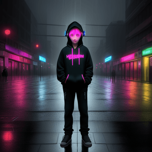 AI generated: masterpiece, boy alone, solo, incredibly absurd, hoodie, headphones, street, outdoor, rain, neon,
