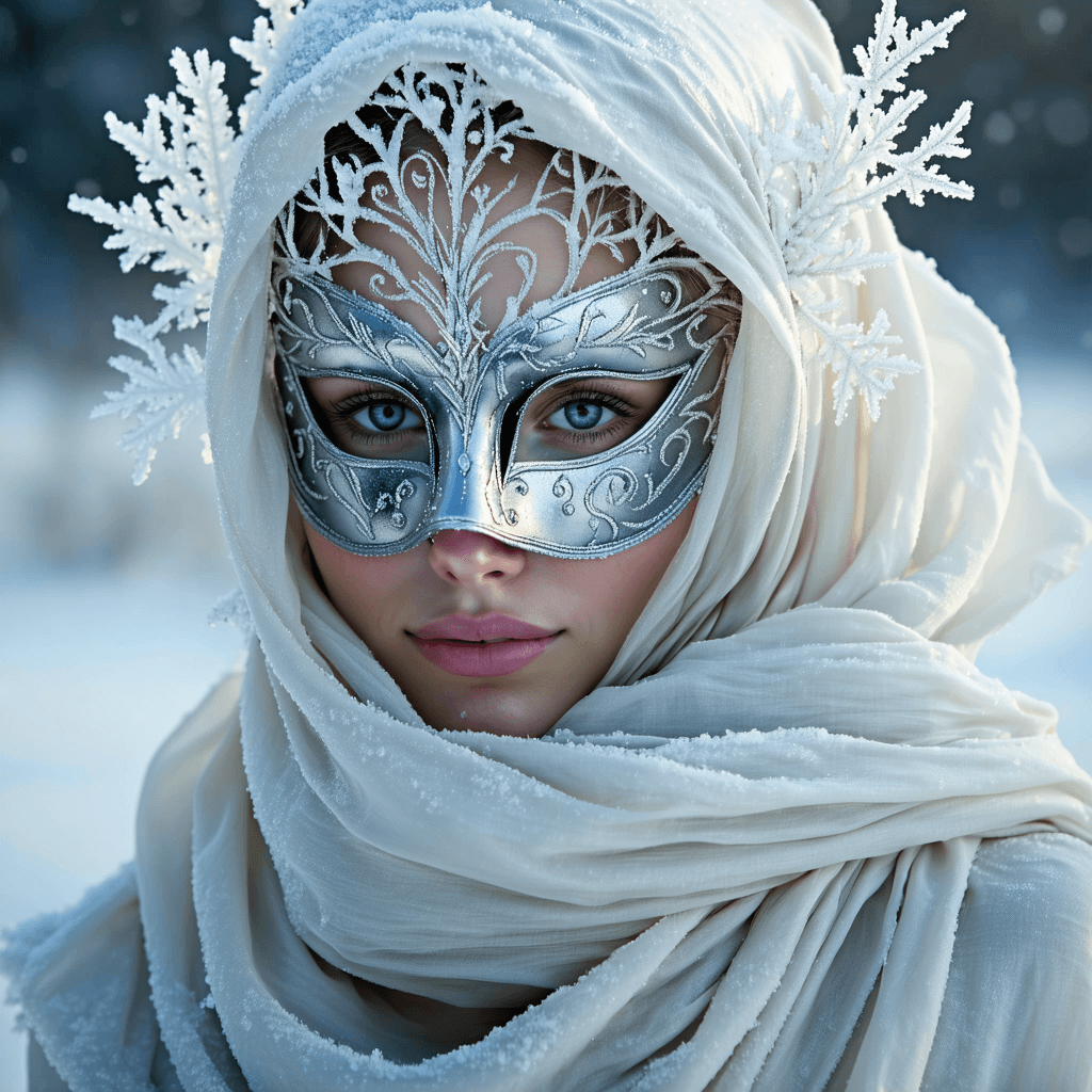 AI generated: A hyper-realistic portrait, in HD, 8K, of a woman wearing a full mask sculpted from shimmering ice a...