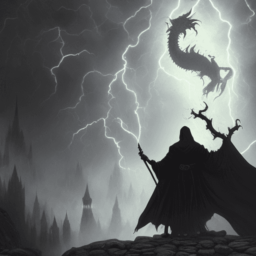 AI generated: mdjrny-v4 style  A ominous night with a  ,powerful wizard thin and sickly ,carrying a staff { with a...