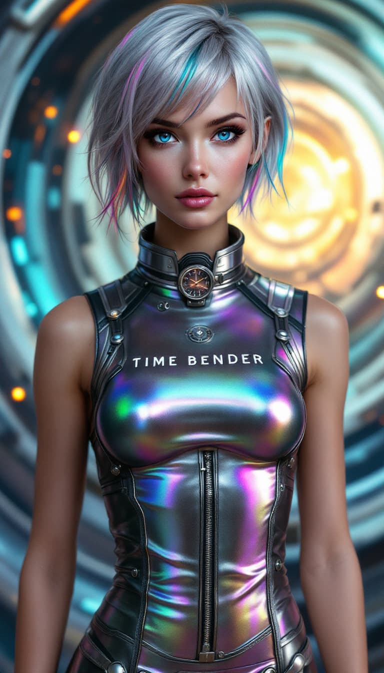 AI generated: A hyper-realistic portrait of a female time traveler with iridescent skin and a short, choppy silver...