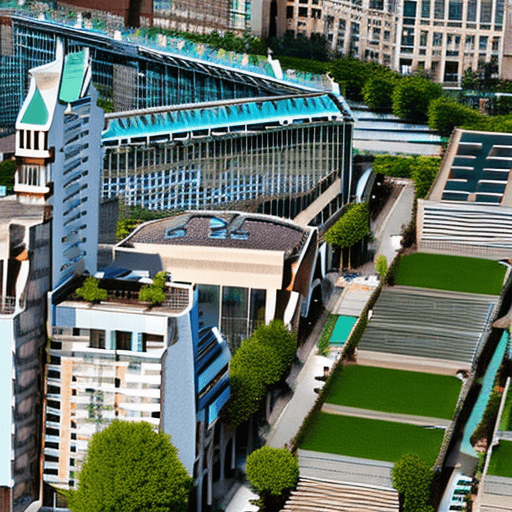 AI generated: Zoomed out photo of a clean cityscape with high rise buildings and with plenty of green spaces