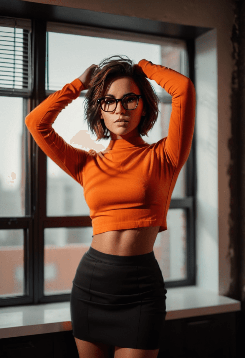 AI generated: silhouette style photograph of a sexy woman with perfect eyes, messy bob haircut, brunette, wearing ...