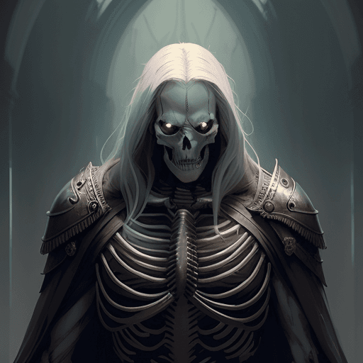 AI generated: ((full portrait of a skeleton king with a long gray hair)), gray, proud pose, ultra quality, dark fa...