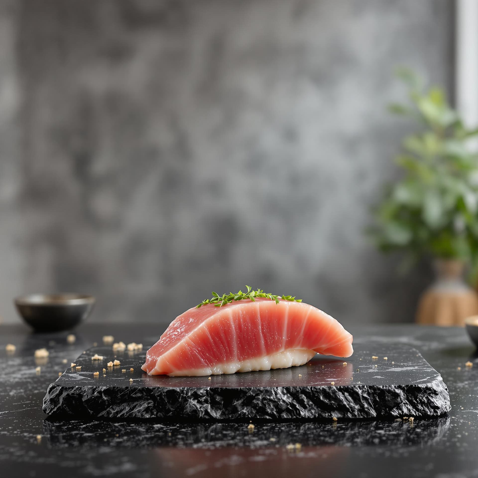 AI generated: single fresh thick slice tuna sushi on the stone dark table in the loft style room with light gray h...
