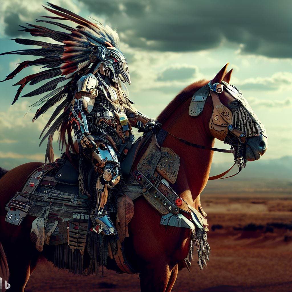 AI generated: sci-fi futuristic fully armored masked navajo warrior riding horse, feathers, full body, insanely de...