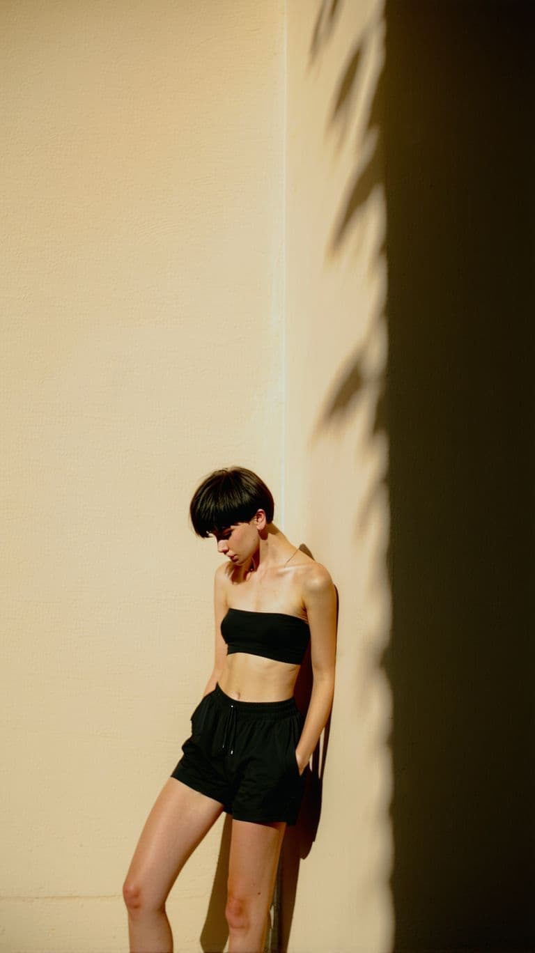 AI generated: A female model in black shorts, no top, leaning against a wall with her head down, looking at her sh...