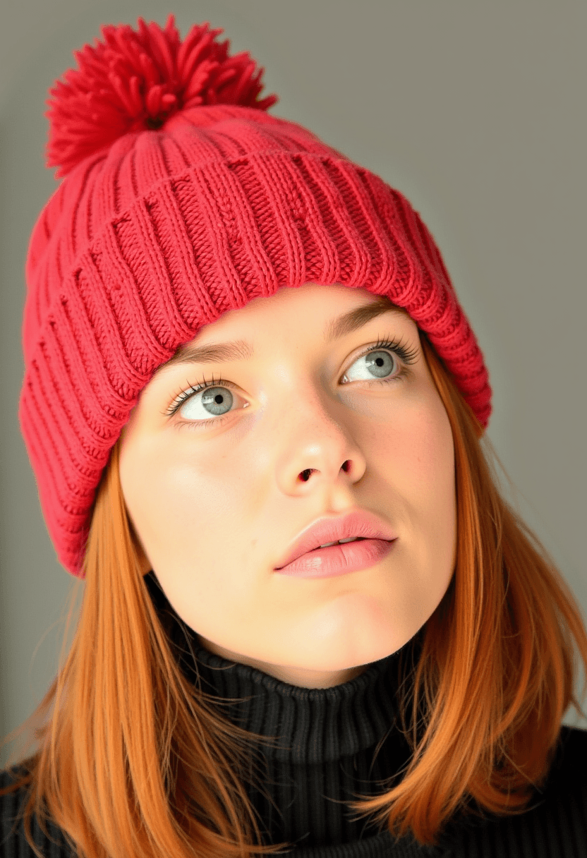 AI generated: This extreme close-up photograph of a young woman with vibrant red hair and striking blue eyes is ca...