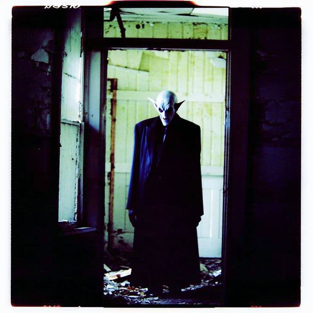 AI generated: grainy 80's photograph quality polaroid of uncanny, real life, 
nosferatu caught in an abandoned hou...