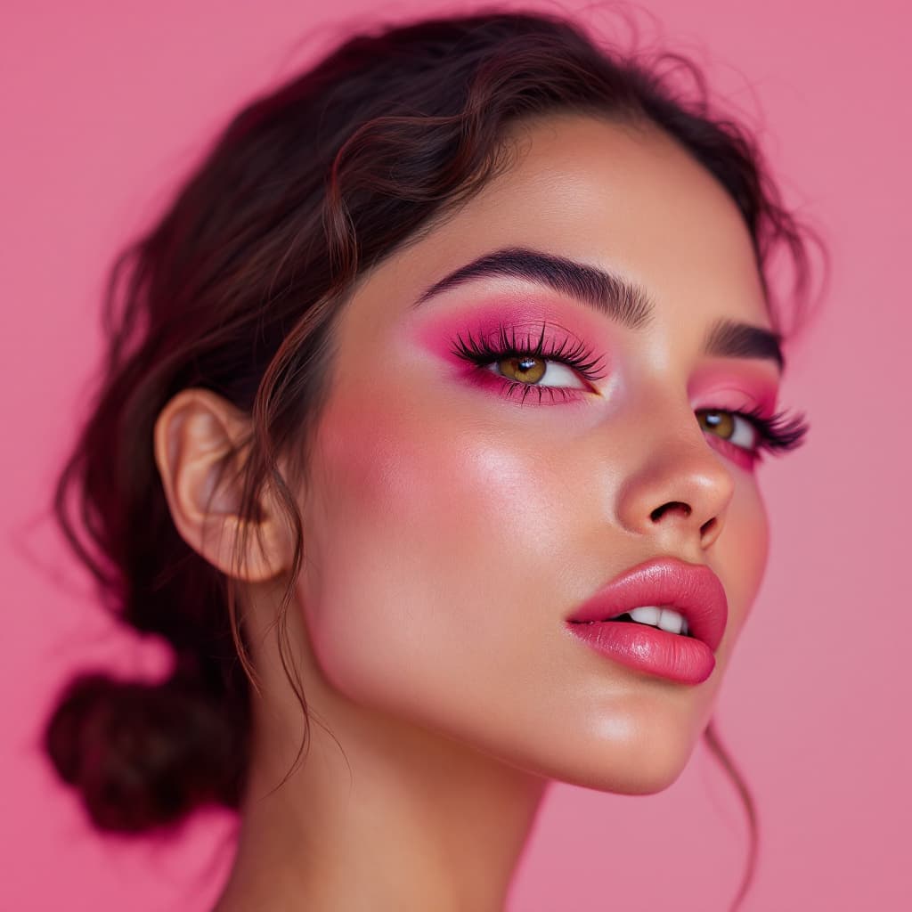 AI generated: photography, hot pink hue, latin woman model, solid pink backdrop, stylish eyes detailing, using a c...