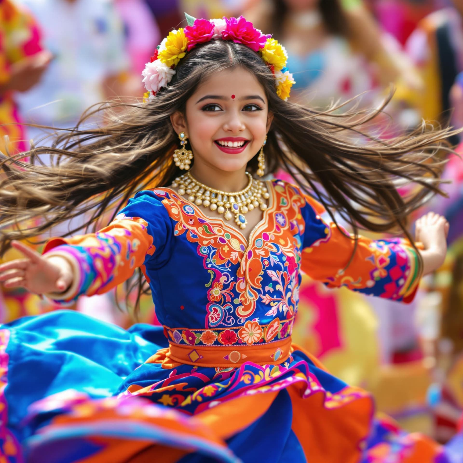AI generated: The image captures a young girl in vibrant traditional attire, dancing with evident joy and grace. S...