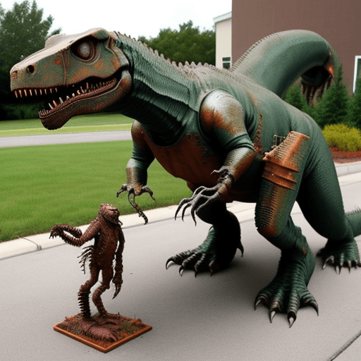 AI generated: Create a t rex made out of rusty car parts