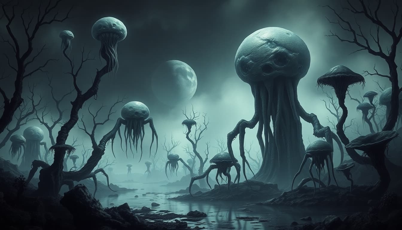 AI generated: Dark nightmare alien landscape fantasy, fantastical time warped landscape   Dark delvers nightmare h...