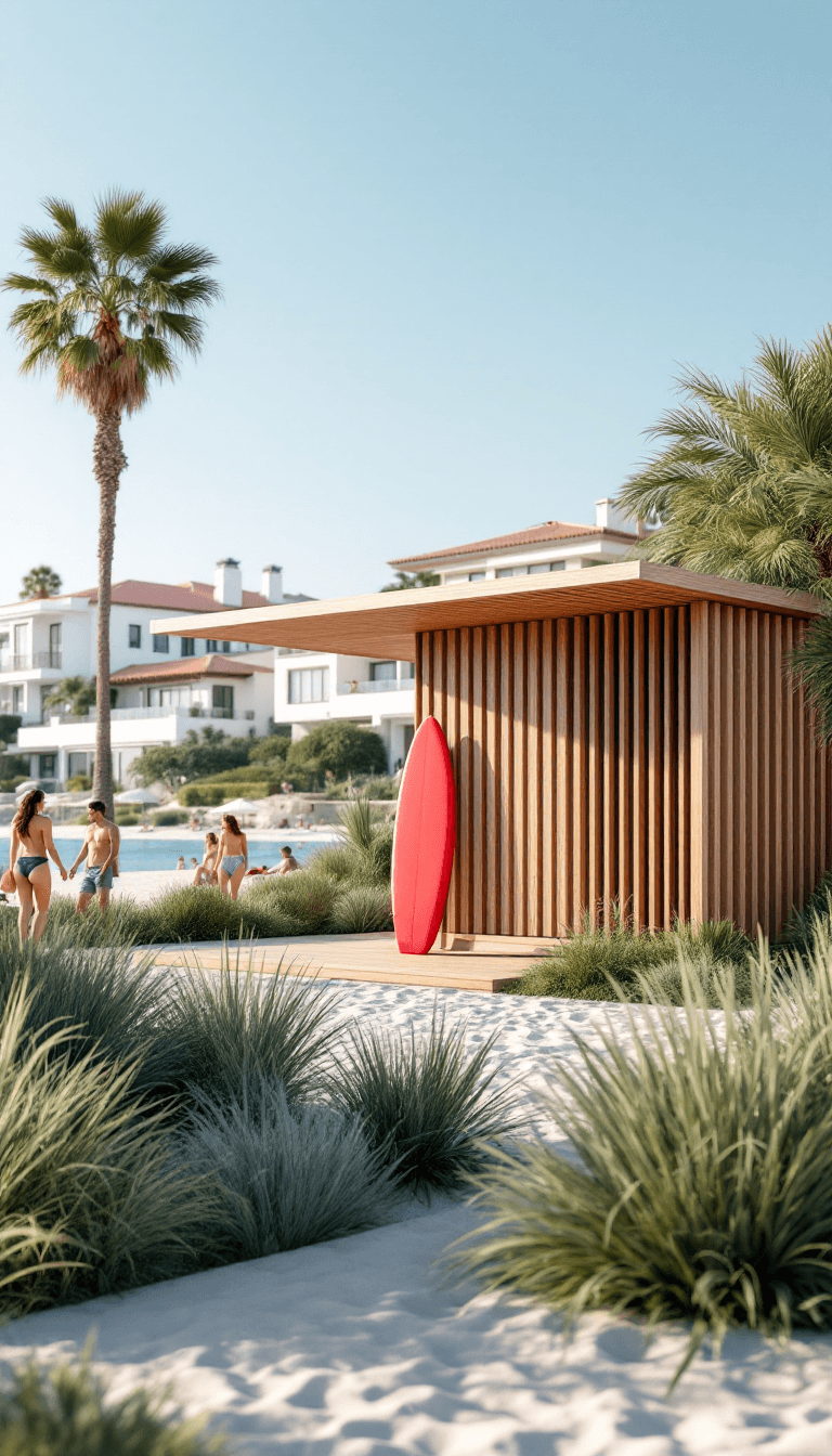 AI generated: A high-quality vertical rendering of a modern coastal lifeguard station with sleek wooden slats and ...