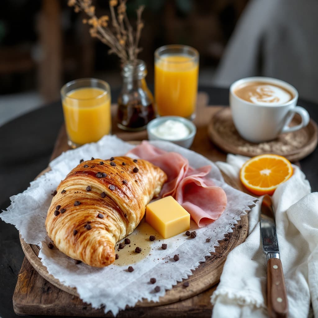 AI generated: healthy breakfast consisting of a chocolate chipped croissant, ham, cheese, yoghurt, orange juice, a...