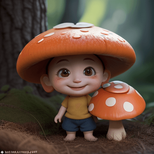AI generated: cute little character like mushroom in forest, orange mushroom cap, happy and smiling, big cute eyes...