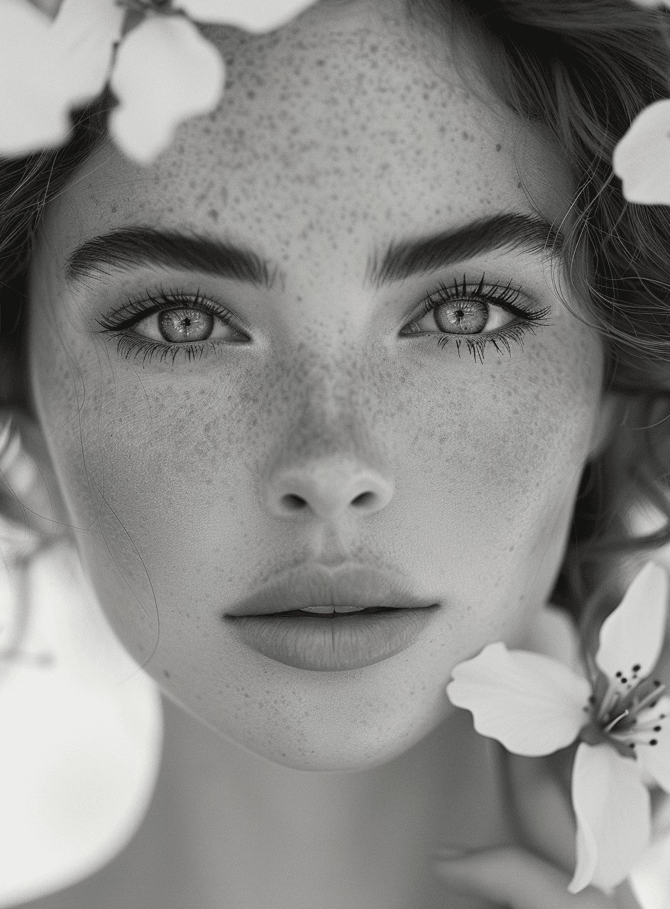 AI generated: woman, sakura black & white, in the style of delicate modeling, strong facial expression, natural be...