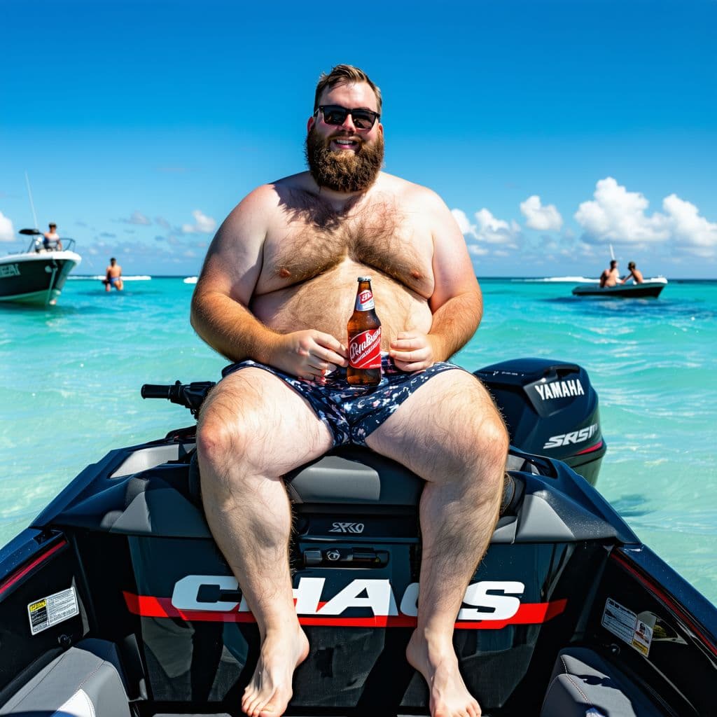 AI generated: Fat shirtless hairy guy, sitting on the back of a Yamaha sx230ho, black in color, Budweiser beer in ...
