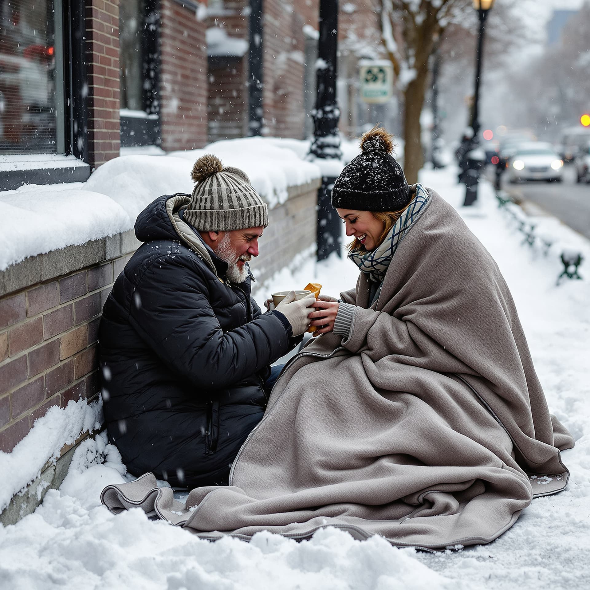 AI generated: A woman helps a homeless man with a blanket who has been in New York and feeds him in the snow.