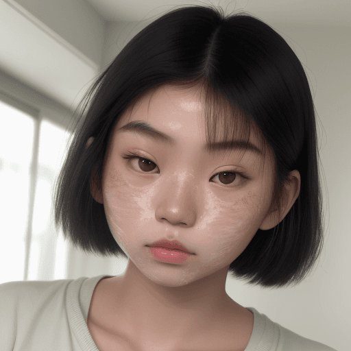 AI generated: A real photo of a young Asian woman with acne on her face looking insecure ultra real