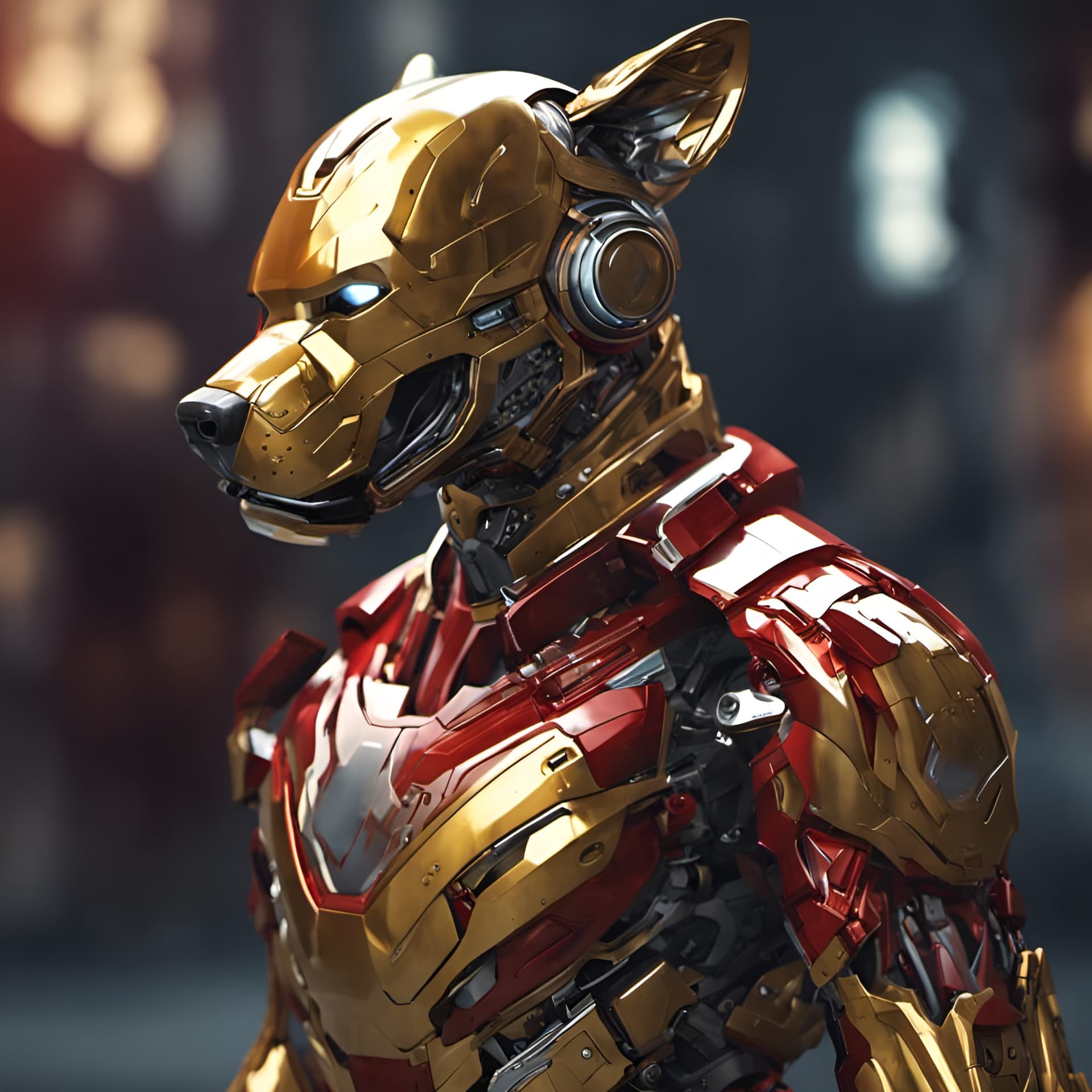 AI generated: an image of dog, alert pose, cyberpunk style, wearing bionic helmet, wearing iron man armor, high de...