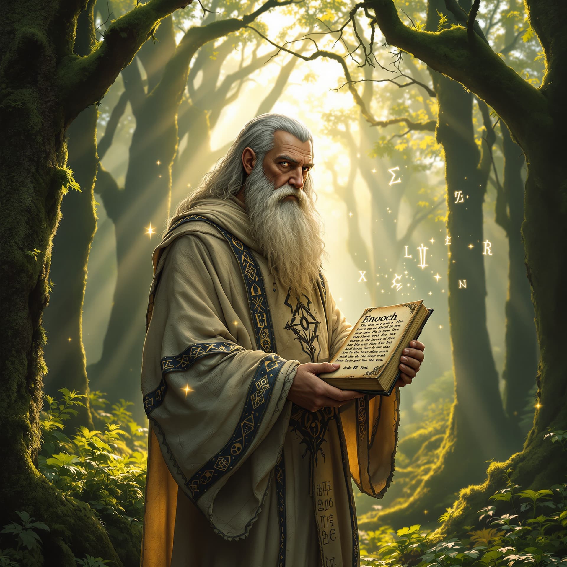 AI generated: A wise, ancient figure named Enoch stands in a mystical forest bathed in soft, ethereal light. He we...