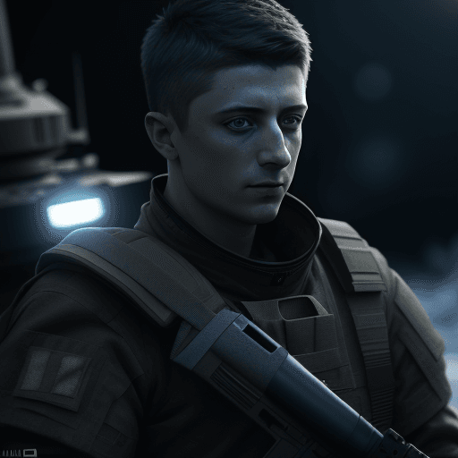 AI generated: Volodímir Zelenski as soldier from the future, moon light, lights of war behind, emitting blue light...