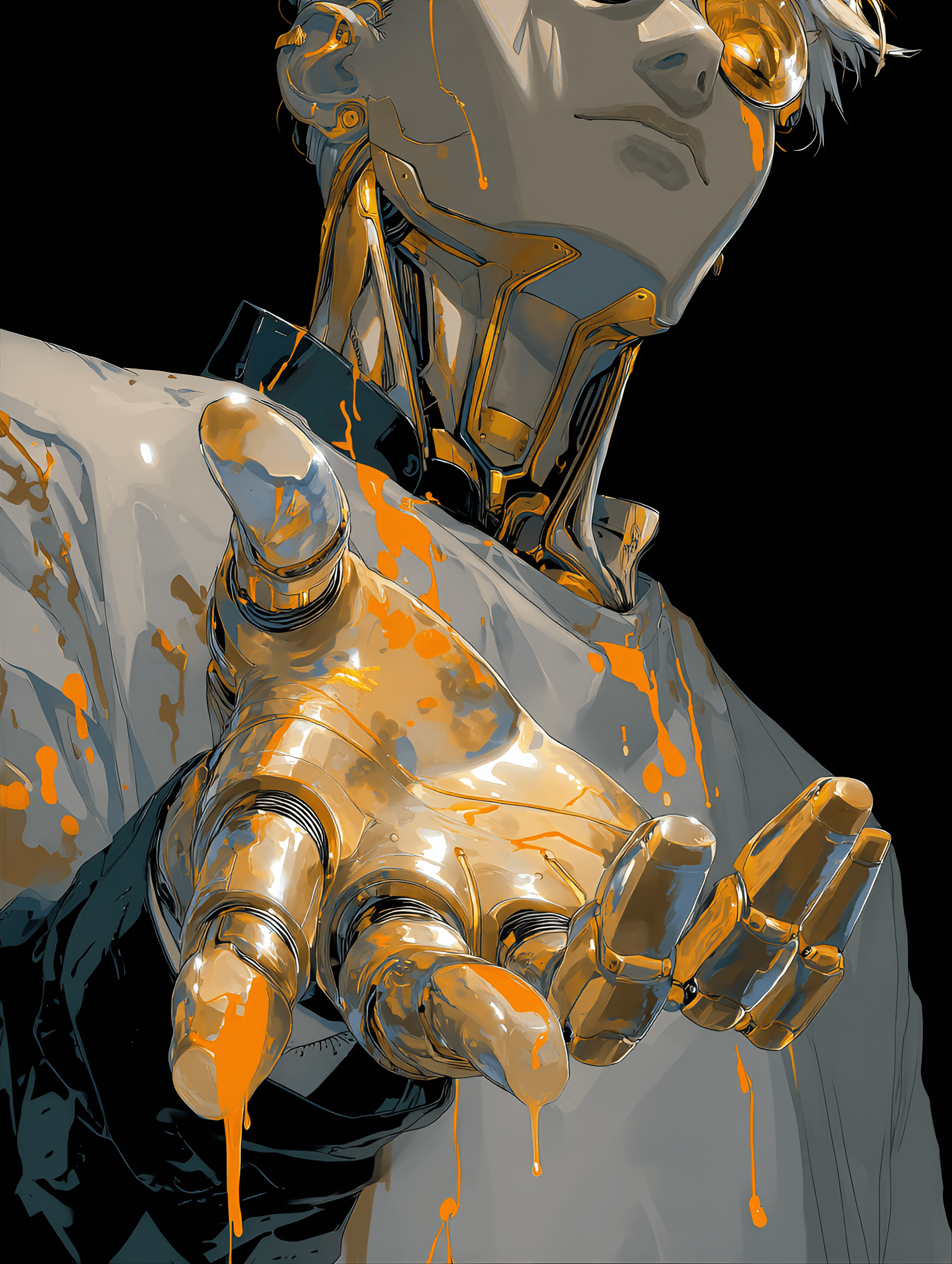 AI generated: Modern anime style, 21st Century, Android artist, mechanical hands creating a masterpiece, Creative