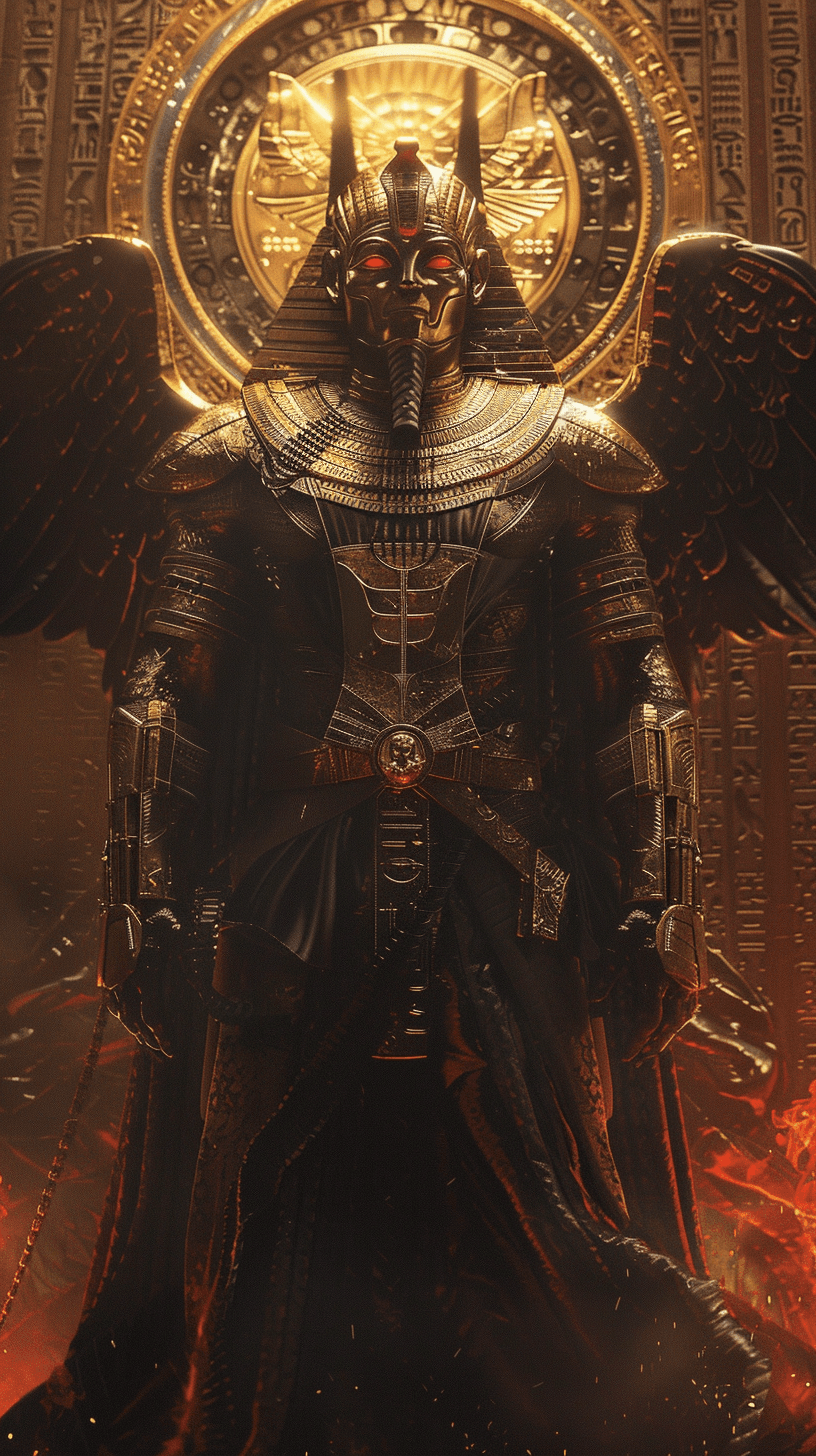AI generated: portrait the egyptian male anubis, cyberpunk, black, pyramid, hyperdetailed eyes, hyperrealism extre...