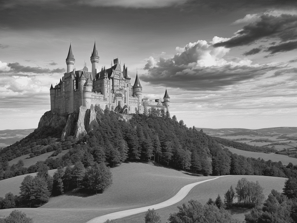 AI generated: This image depicts a majestic castle situated atop a hill, surrounded by a picturesque landscape. Th...