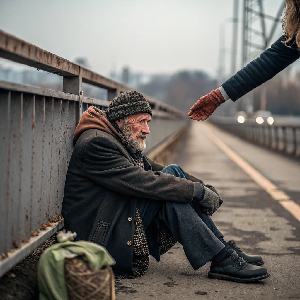 AI generated: rugged looking old man sat in silence on the edge of a bridge ready to take his own life. he is save...