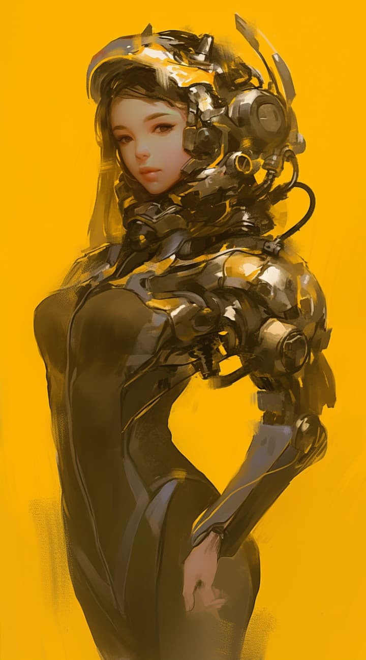 AI generated: digital art images of beautiful with good form woman in futuristic cybernetic armor, beautiful golde...