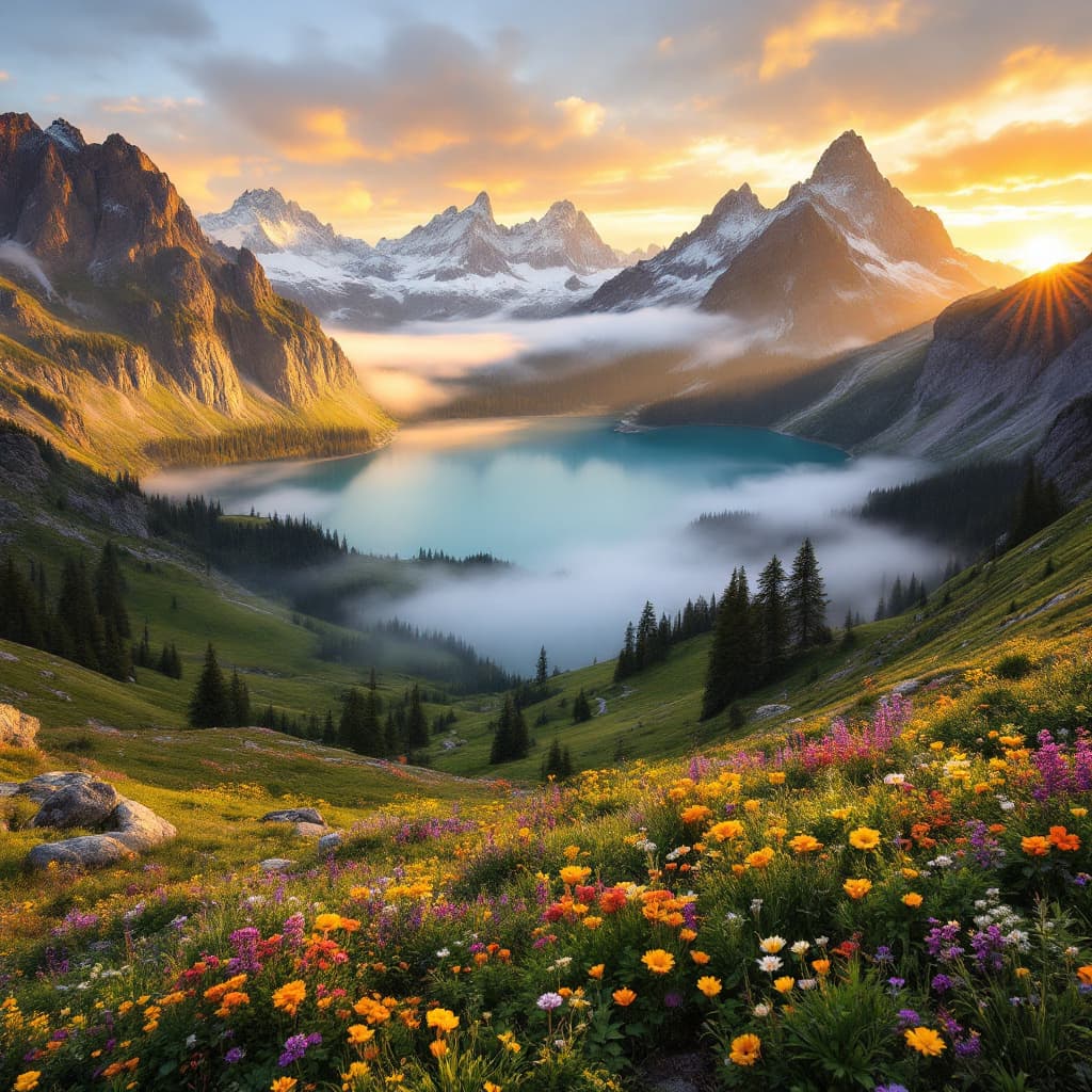 AI generated: A breathtaking landscape at sunrise, featuring majestic snow-capped mountains, a crystal-clear lake ...