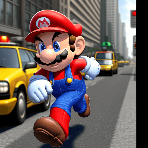 AI generated: Super-Mario running, city traffic background, 32k, closeup, trending on poltcount 3D, game --v 5.2 -...