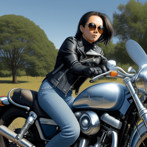 AI generated: A 30 years old Girl with sunglasses sits on a silver motorcycle parked beside a tree. wearing a dark...