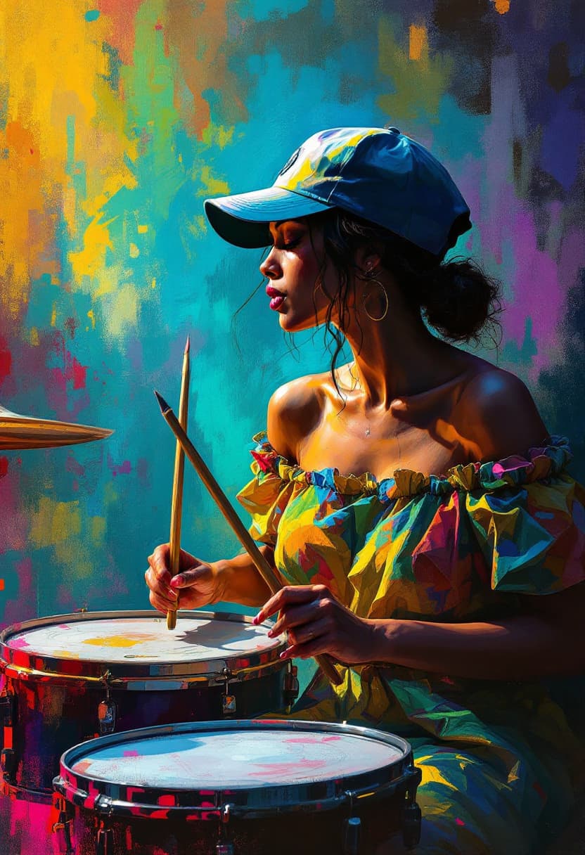 AI generated: Sketch Art, Beautiful Colored Pencil Line, Artistic Brush Strokes, Beautiful, Woman in Cap Playing D...