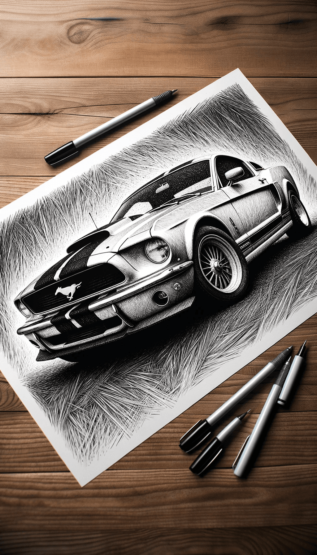 AI generated: Pen on paper scribble art that stands as a testament to the timeless beauty of the Mustang car. The ...