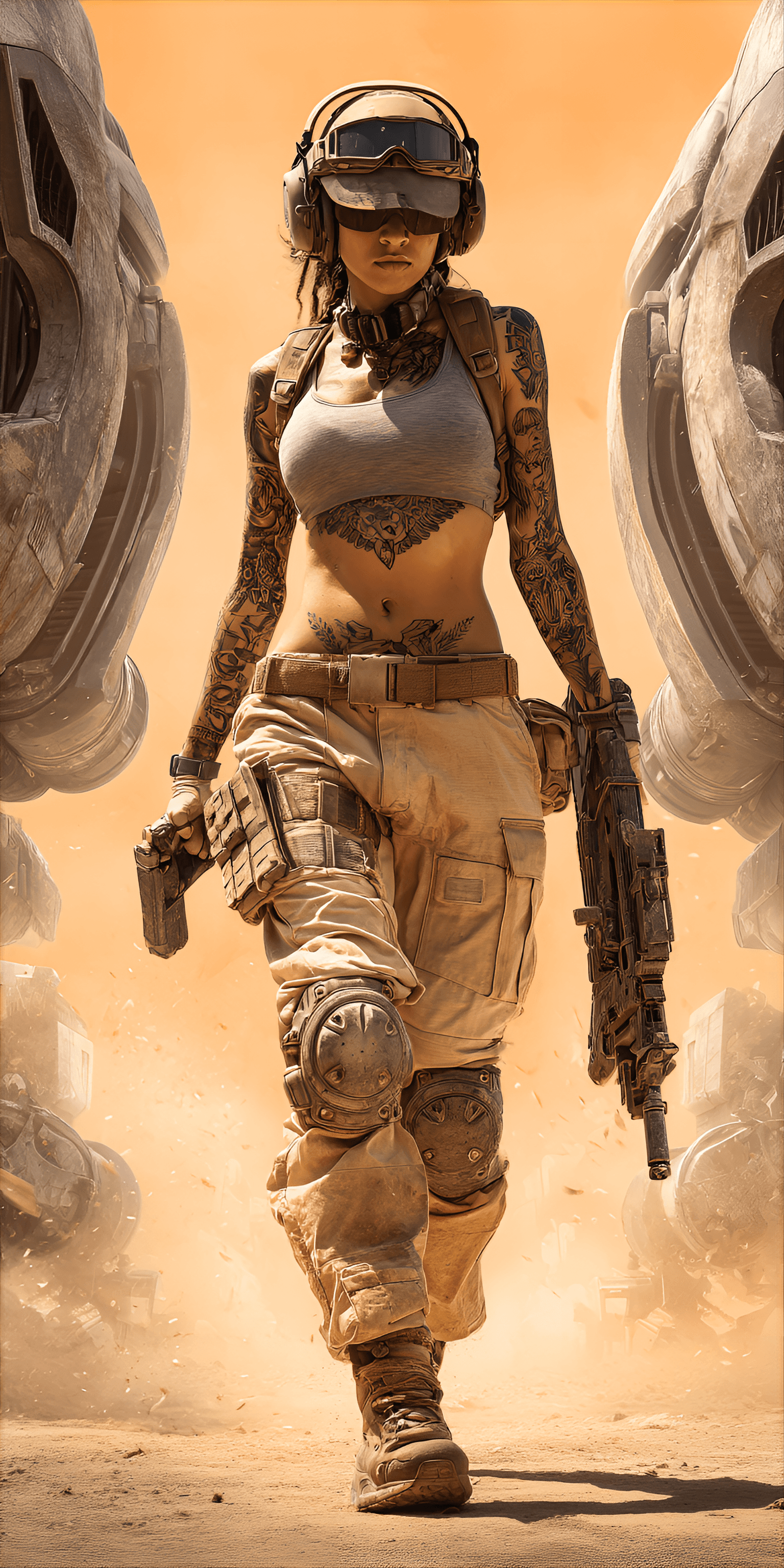 AI generated: young, athletic female soldier, seemingly of European descent, is depicted in a full-body shot, cent...