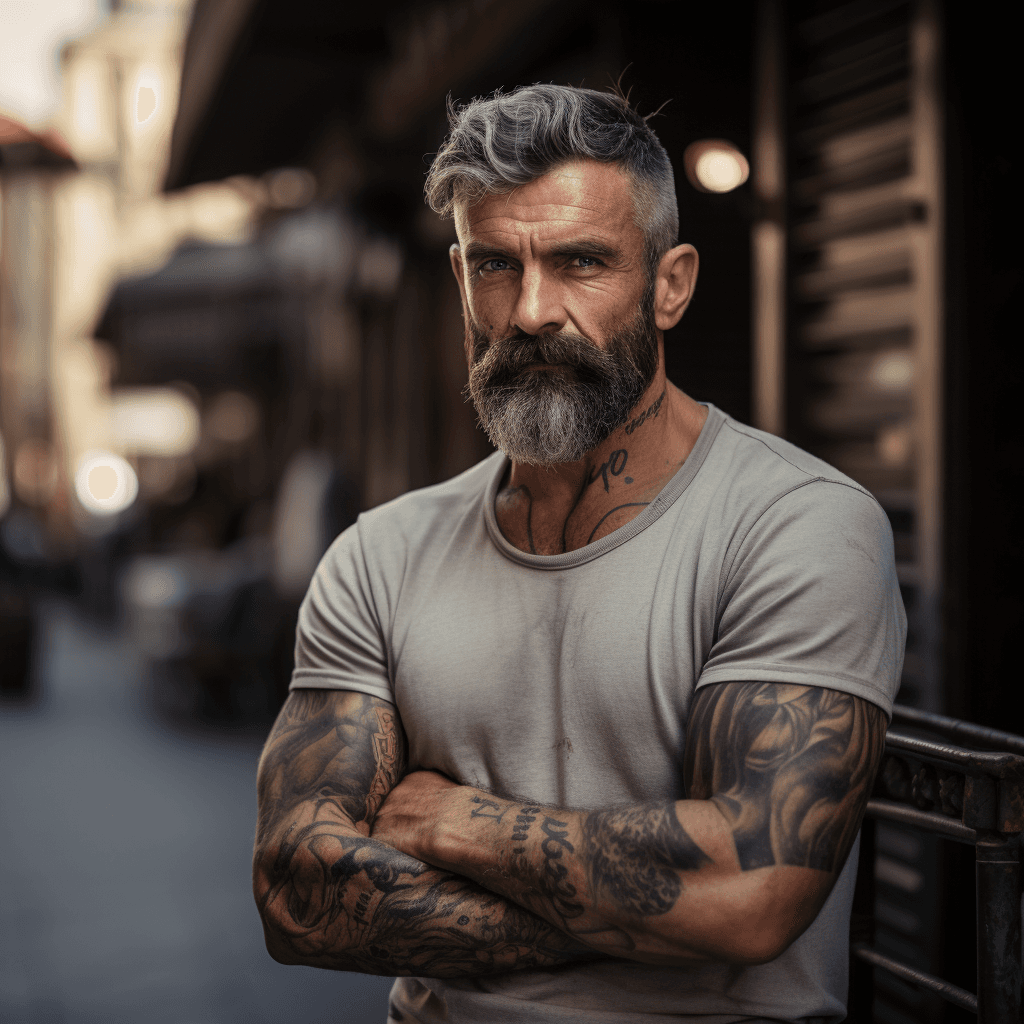 AI generated: male, 45 years old, small muscles, short Military haircut, Melted Hair, bat ear, one week beard, ful...